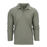 Army green long sleeve quick-dry tactical polo shirt made of polyester, with pen pockets and Velcro, ideal for fitness and boxing training.